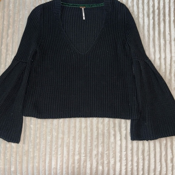 Free People Black V-Neck Sweater Bell Sleeves Knit Ribbed - Picture 7 of 11